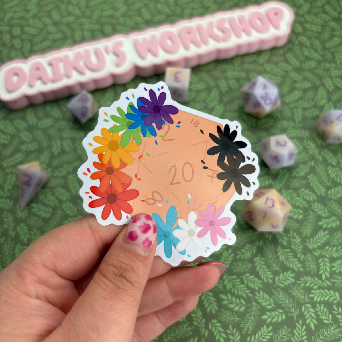 Progress Pride d20 Glossy Vinyl Sticker