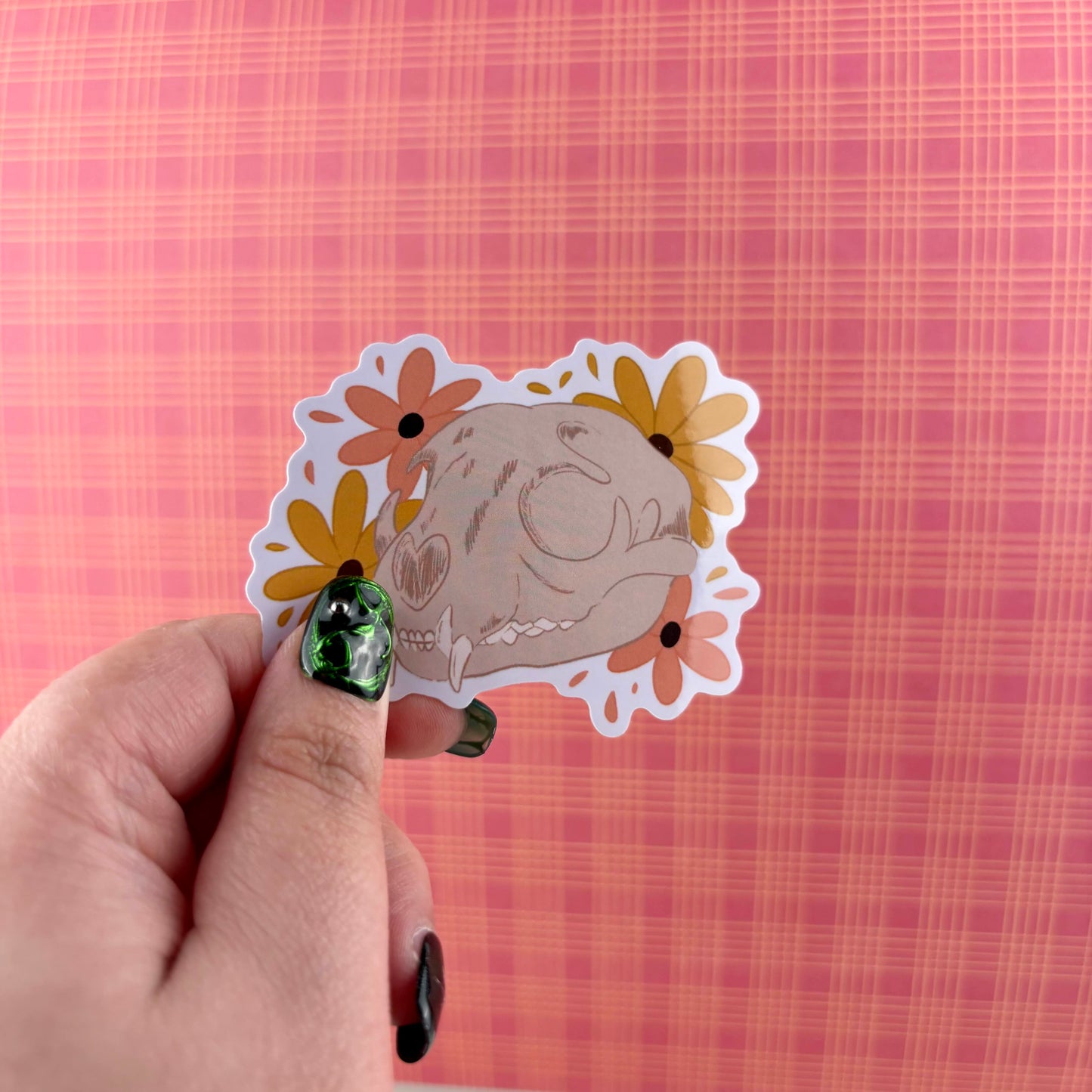 Cat Skull with Flowers Glossy Vinyl Sticker