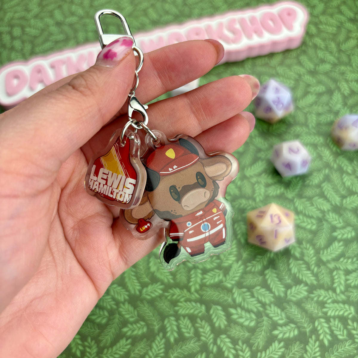 F1 Cow Driver ‘Lewis Ha-moo-lton’ Acrylic Keychain