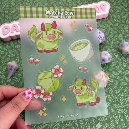 Matcha Cow A6 Clear Matte Vinyl Sticker Sheet