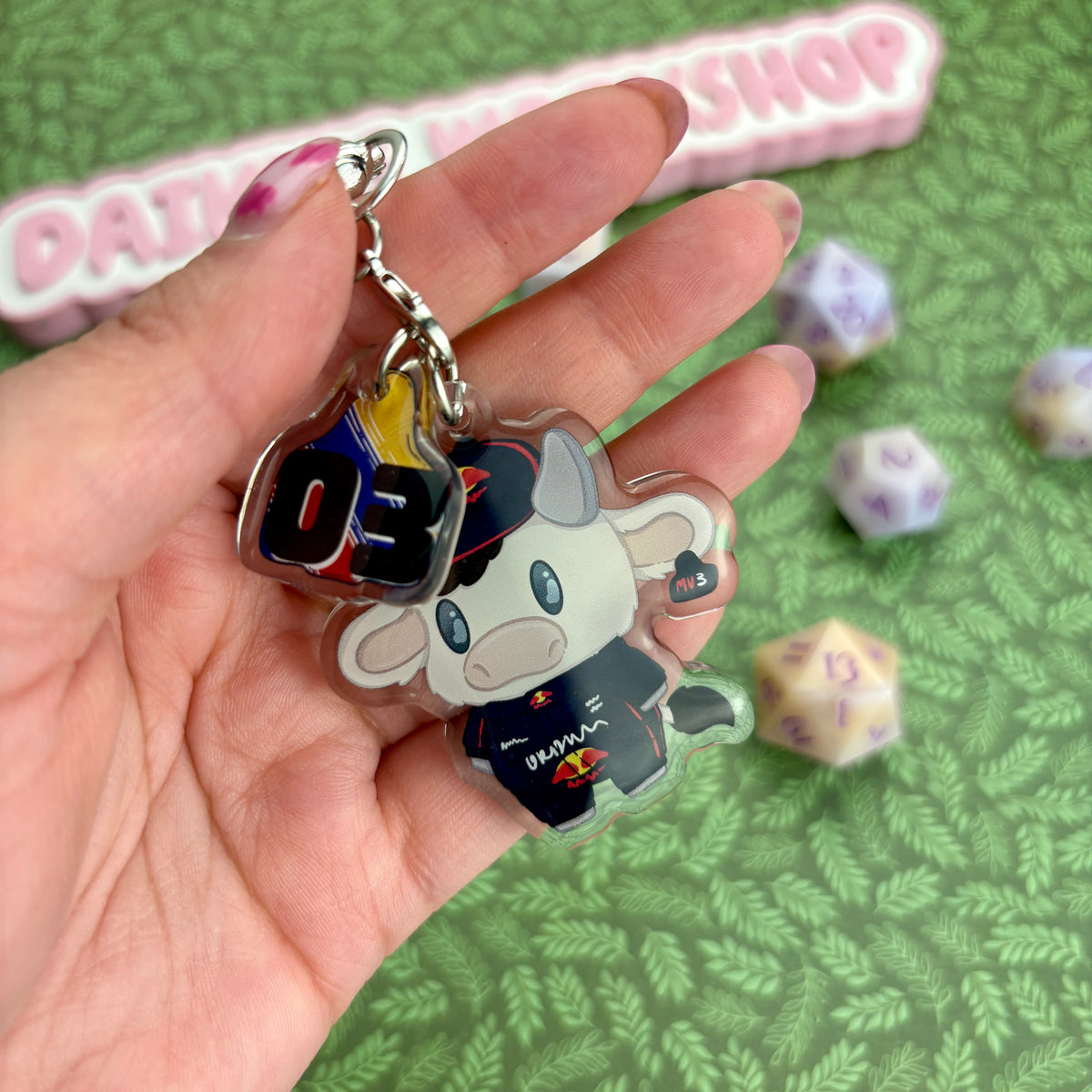 F1 Cow Driver ‘Max Verstap-moo’ Acrylic Keychain