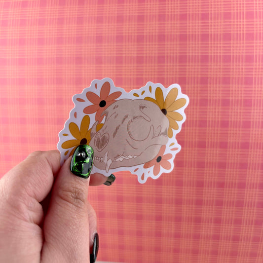 Cat Skull with Flowers Glossy Vinyl Sticker